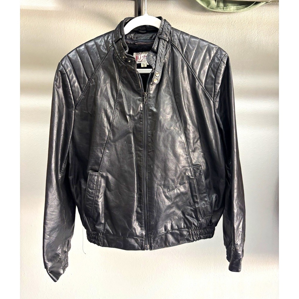 Chessking Black Leather Bomber Jacket Men's 38 Full Zip Stand Collar Faux Fur